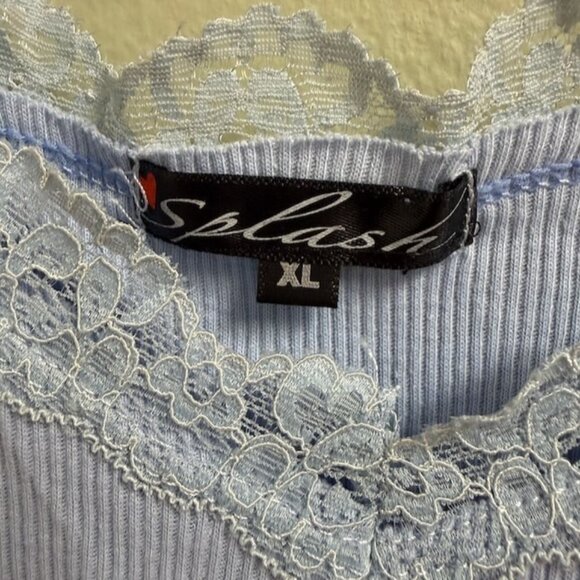 Splash Womens Y2K Blue Lace Trim Ribbed Tank Top Size XL Flirty Coquette Stretch - Picture 3 of 8
